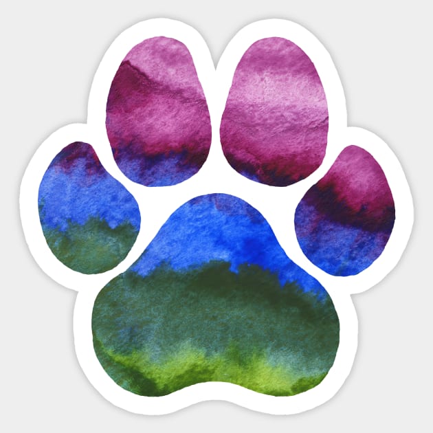 Purple Blue and Green Watercolor Paw Print Sticker by dragonstarart